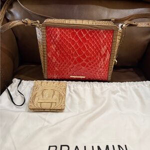 Brahmin Red and Tan Crossbody Bag with Matching Wallet